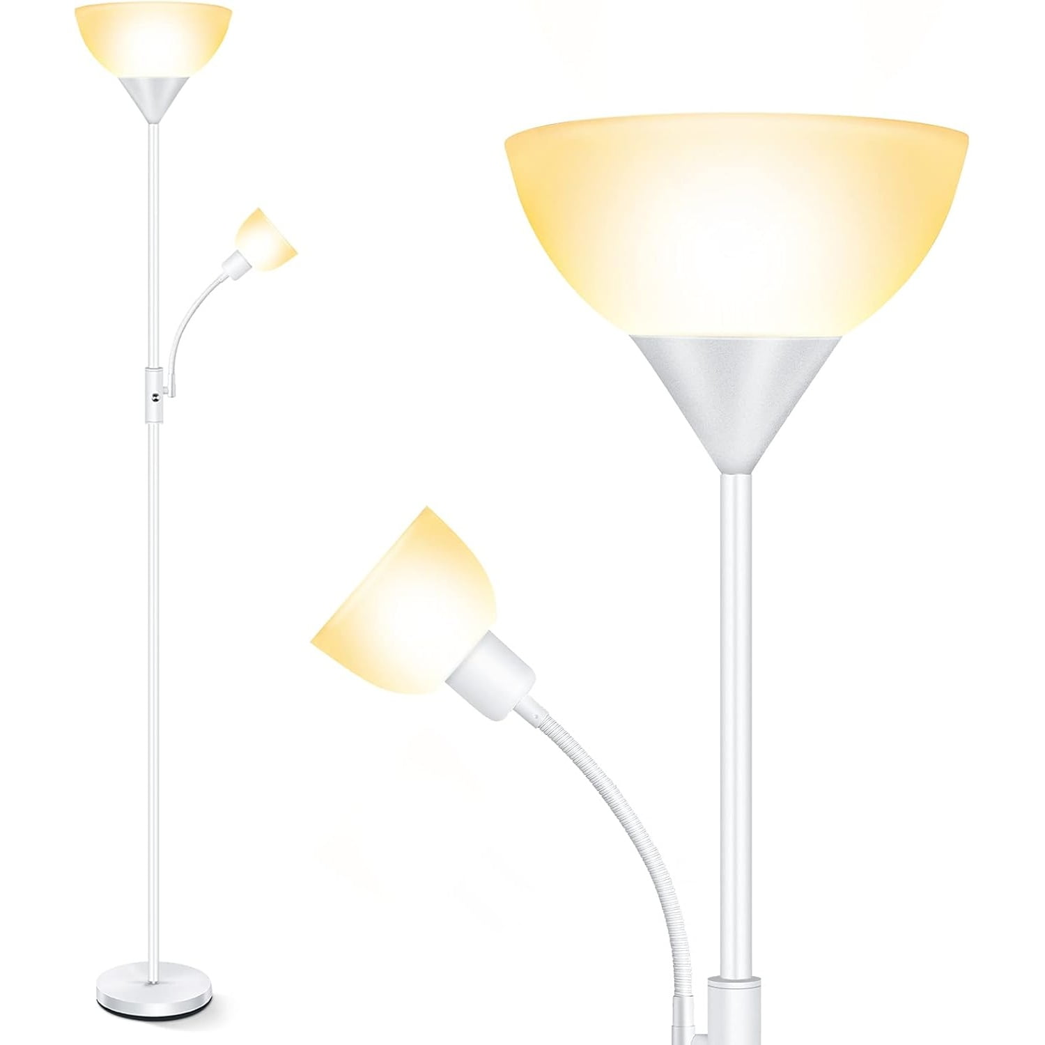 Floor Lamps for Living Room, Standing Lamp, 71" Tall Pole Lamps with Adjustable Reading Light, 3-Way Rotary Switch, Plastic Shade, Bright Corner Lamp for Bedroom, White(E26, No Bulb)