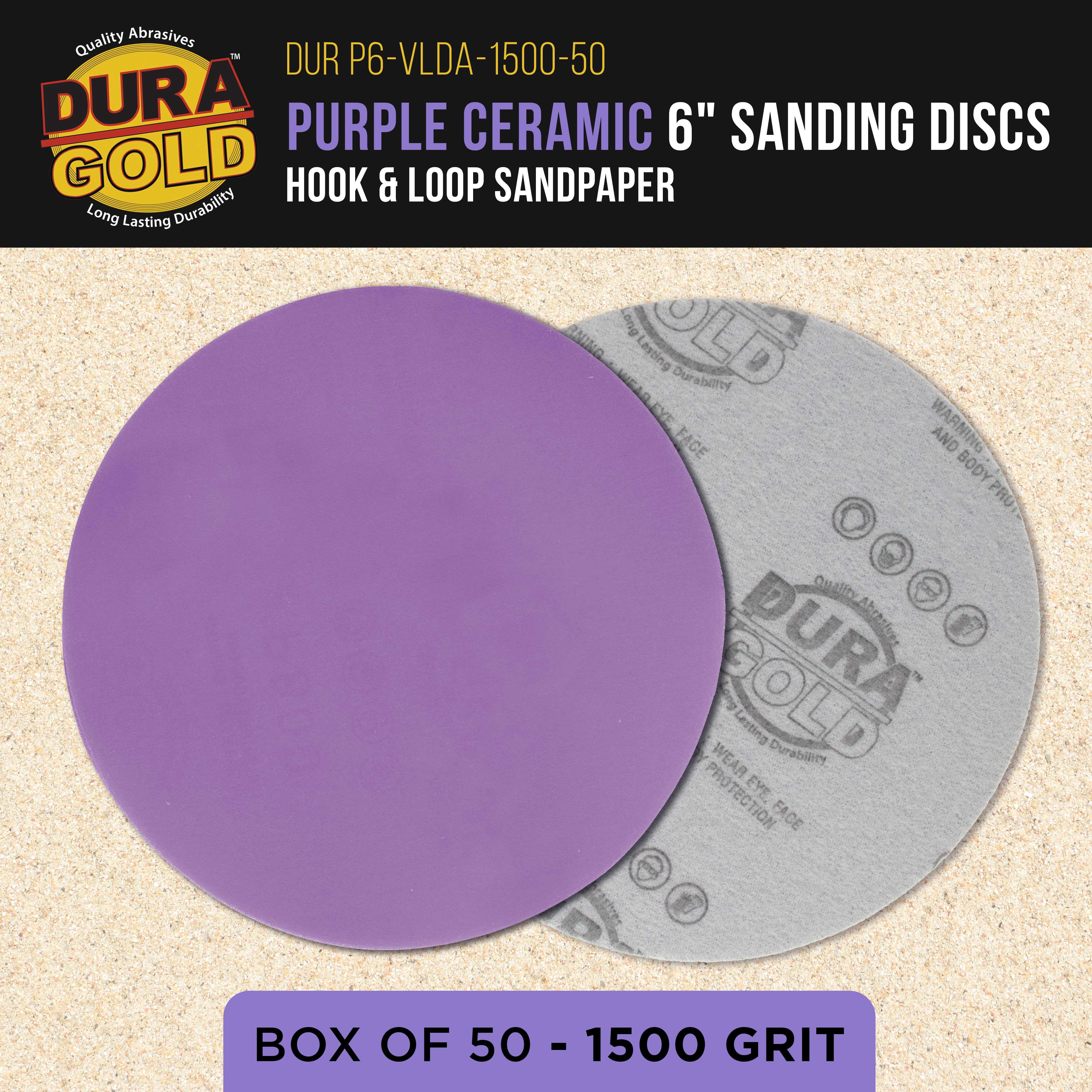 Dura-Gold Premium 1500 Grit 6" Purple Film Ceramic Sanding Discs, Box of 50 - Hook & Loop Backing Sandpaper for DA & Random Orbital Sanders - Car Detail Color Sanding Auto Paint, Sand Wood Woodworking