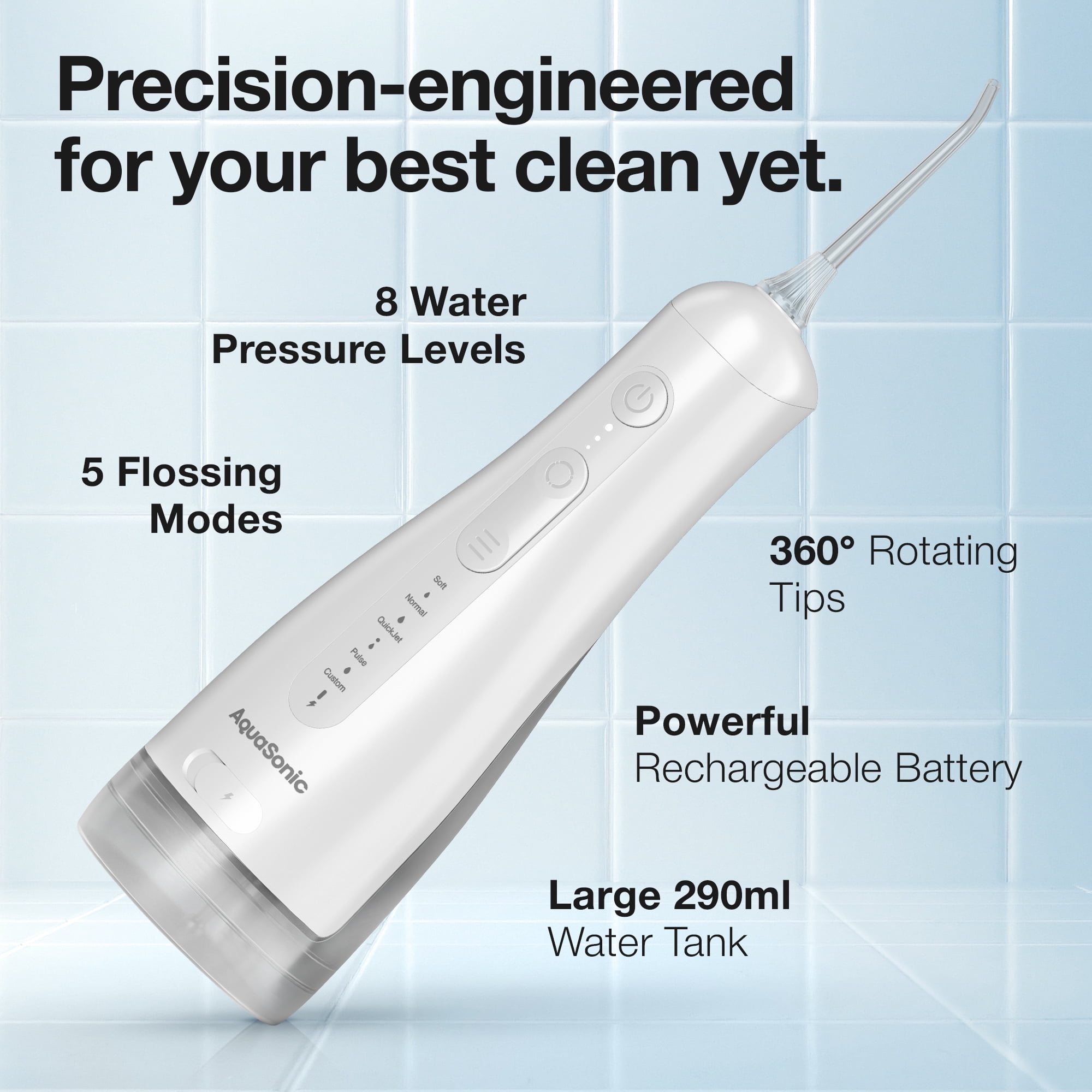 Aquasonic Precision Flosser, Rechargeable Cordless Water Flosser with 4 Modes, 8 Pressure Levels, 2 Tips & Travel Bag, White