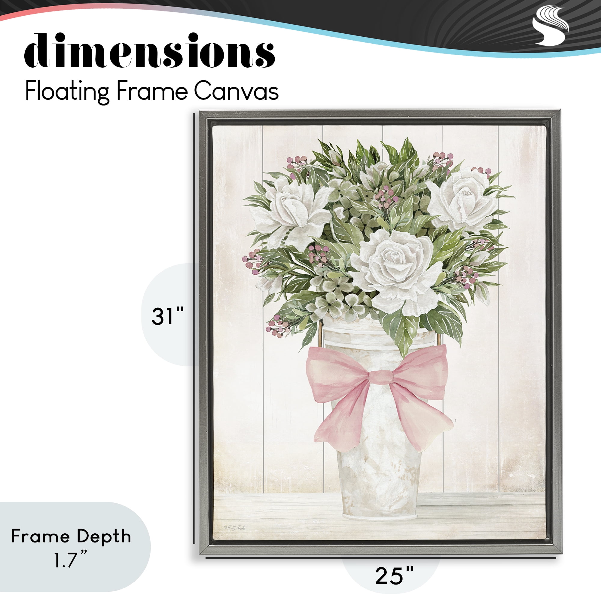 Stupell Industries Pretty In Pink Roses & Bow Gray Framed Floater Canvas Wall Art, design by Cindy Jacobs