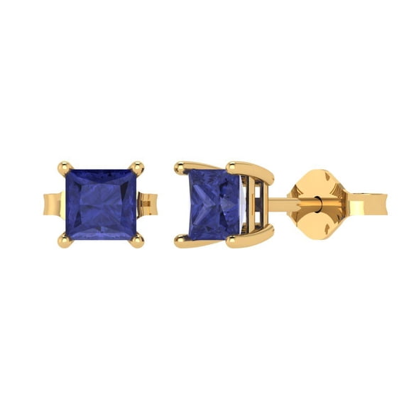 2 ct Push-Back Stud Earrings for Women | 5.5mm Princess Cut Simulated Tanzanite | 18K Yellow Gold