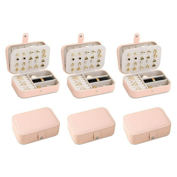 6Pcs Joyero de Viaje Portatil, Joyero Pequeño, Alhajero de Organización con 2 Compartimientos Separados, Organizador de Joyeria para Impermeable de Cuero, Interior de Terciopelo (Rosa)