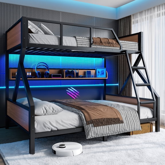 Full XL/Queen or Full Storage Board/Queen Bunk Bed, Metal Bunk Bed with Storage Shelves and Lights, Space-saving & Noise-free Design, Black