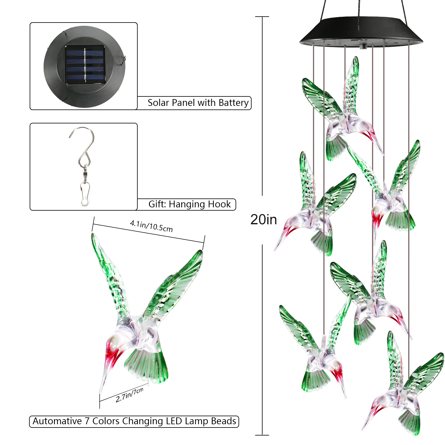 Toodour Solar Wind Chime Lights Hummingbird photo 3