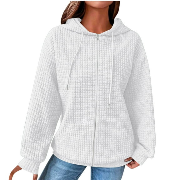 Puntoco Plus Size Long Sleeve Women Loose Hooded Long Sleeve Zipper Solid Cardigan Blouse Hoodies Sweatshirt Tops with Pocket White 10(XL)