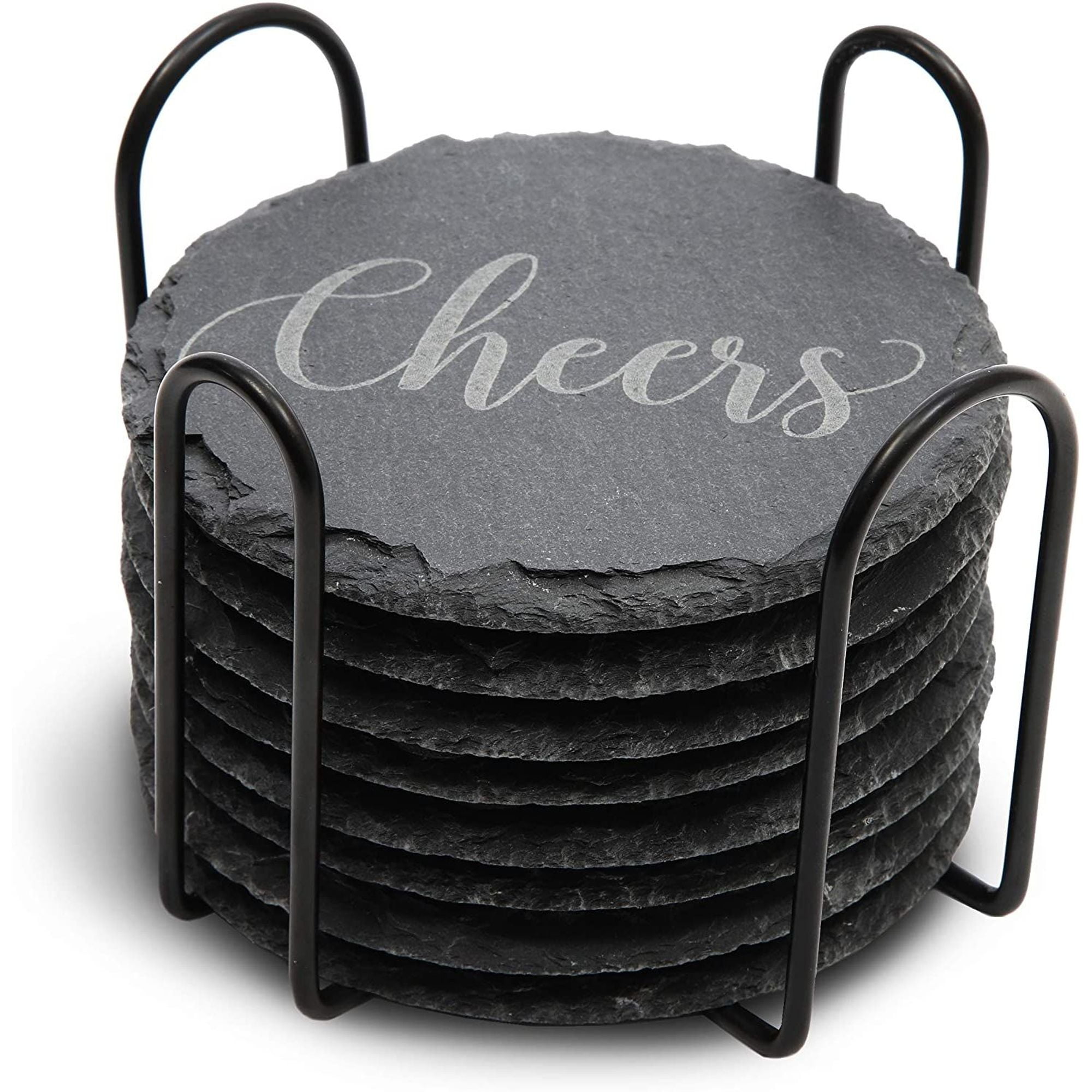 8Pack Round Black Slate Stone Coasters Set for Drinks Cups with Steel