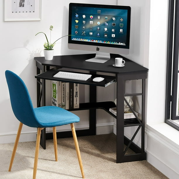 Vecelo Corner Computer Desk With, Solid Wood Corner Computer Desk With Keyboard Tray