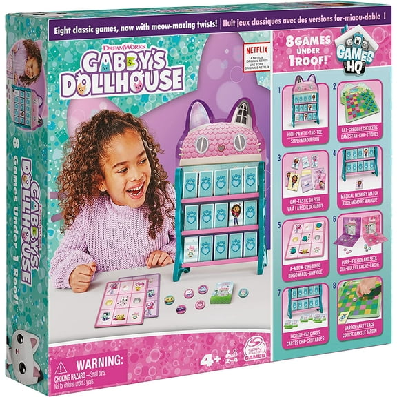 Gabby’s Dollhouse, Games HQ Checkers Tic Tac Toe Memory Match Go Fish Bingo Cards Board Games Toy Gift Netflix Party Supplies, for Kids Ages 4 and up