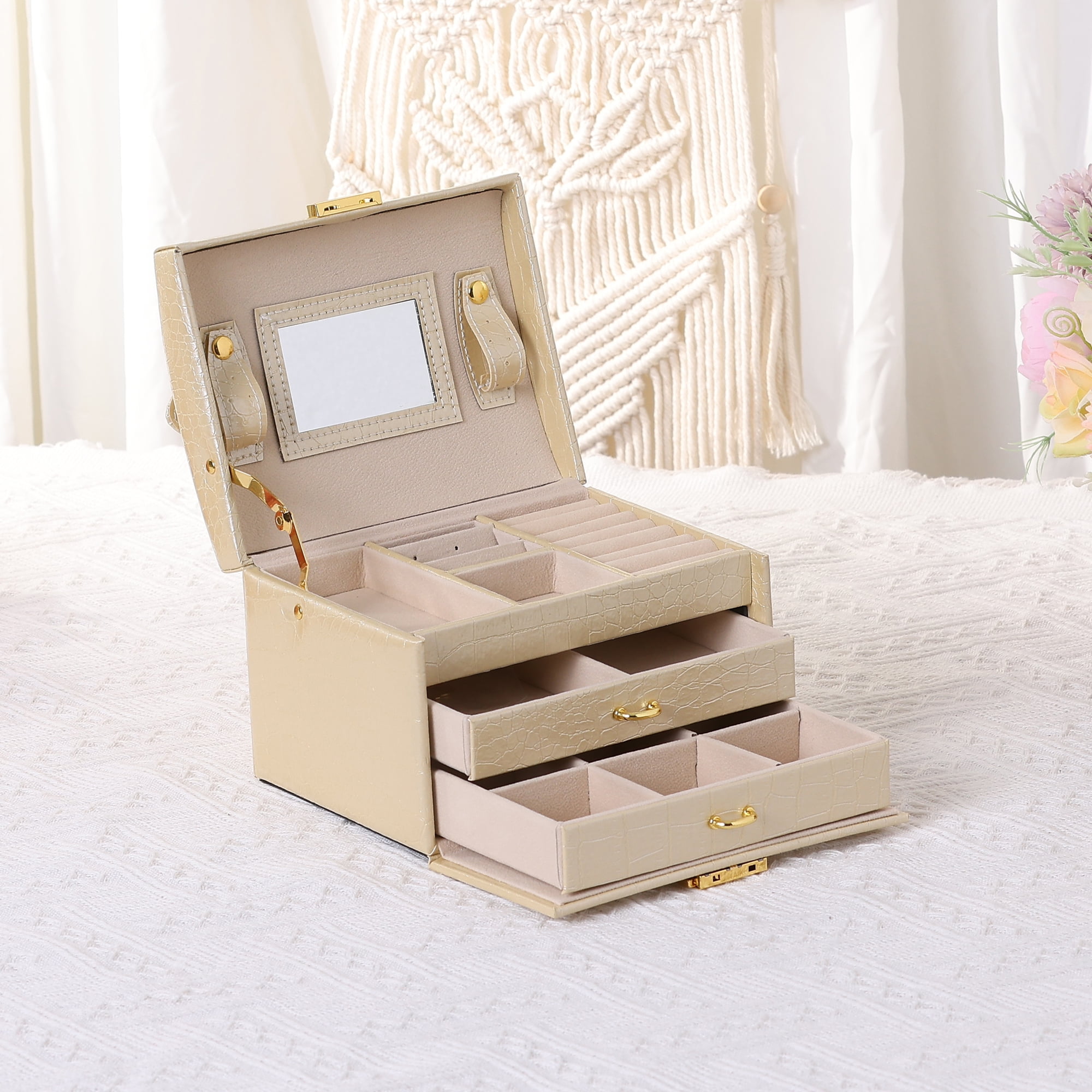 Unique Bargains 3 Layer Jewelry Box with Mirror for Women PU