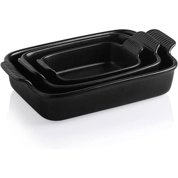 Baking Pans Set, Ceramic 9x13 Baking Dish with Handle, Rectangular Casserole Dishes for Oven, Bakeware Sets of 3, Durable Lasagna Pan Deep for Kitchen, Banquet, Wedding Gift(Black)