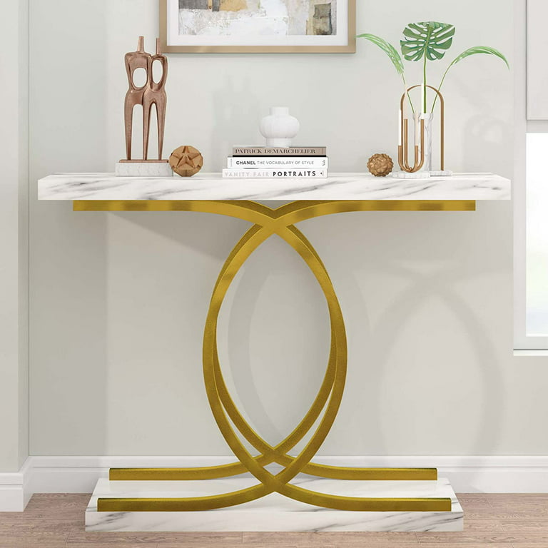 PAKASEPT Console Sofa Table, Console Table White Faux Marble Narrow Entryway  Table Hallway Accent Table for Living Room, Entryway, Entrance (Gold) 