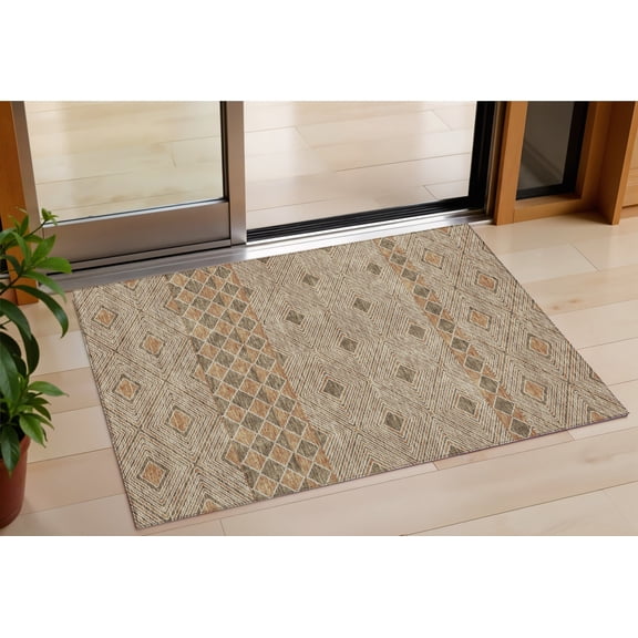 3' X 5' Brown And Beige Geometric Washable Indoor Outdoor Area Rug