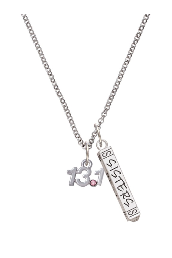 Silvertone Half Marathon - 13.1 with Pink Crystal Silvertone Sisters Best Friends Forever Bar Charm Necklace, 23"