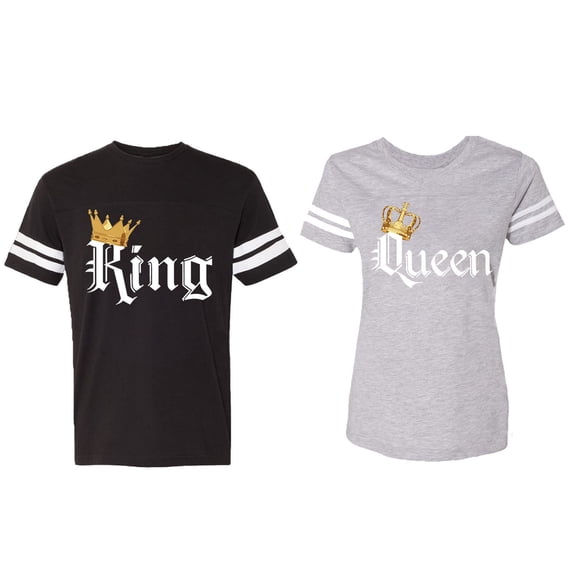 King & Queen Color Matching Couple Cotton Jerseys (Men Black / Women Heather) (Men M / Women XL)