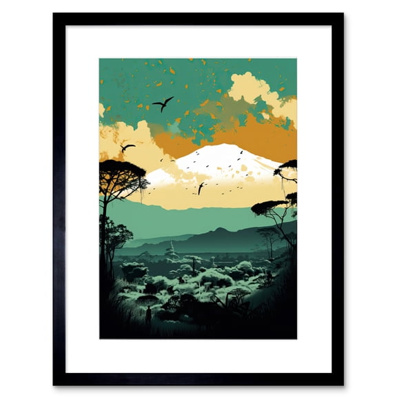 Mount Fuji Sunrise Landscape in Teal Blue and Tan Artwork Framed Wall Art Print 9X7 Inch