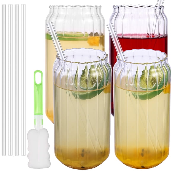 Grusce 4 Vasos de Vidrio y Pajitas - Juego Glasses Drinking de Copa de 18 oz, Vasos de Café de Vidrio, Vaso de Vidrio con Tapa y Pajita, Vaso de Vidrio, Tazas de Café Heladas, Pajitas de Vidrio para Tazas de Café