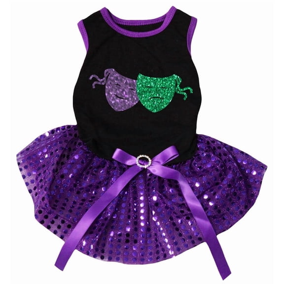 Petitebelle Mardi Gras Double Masks Puppy Dog Dress (Black/Purple Sequins, Small)