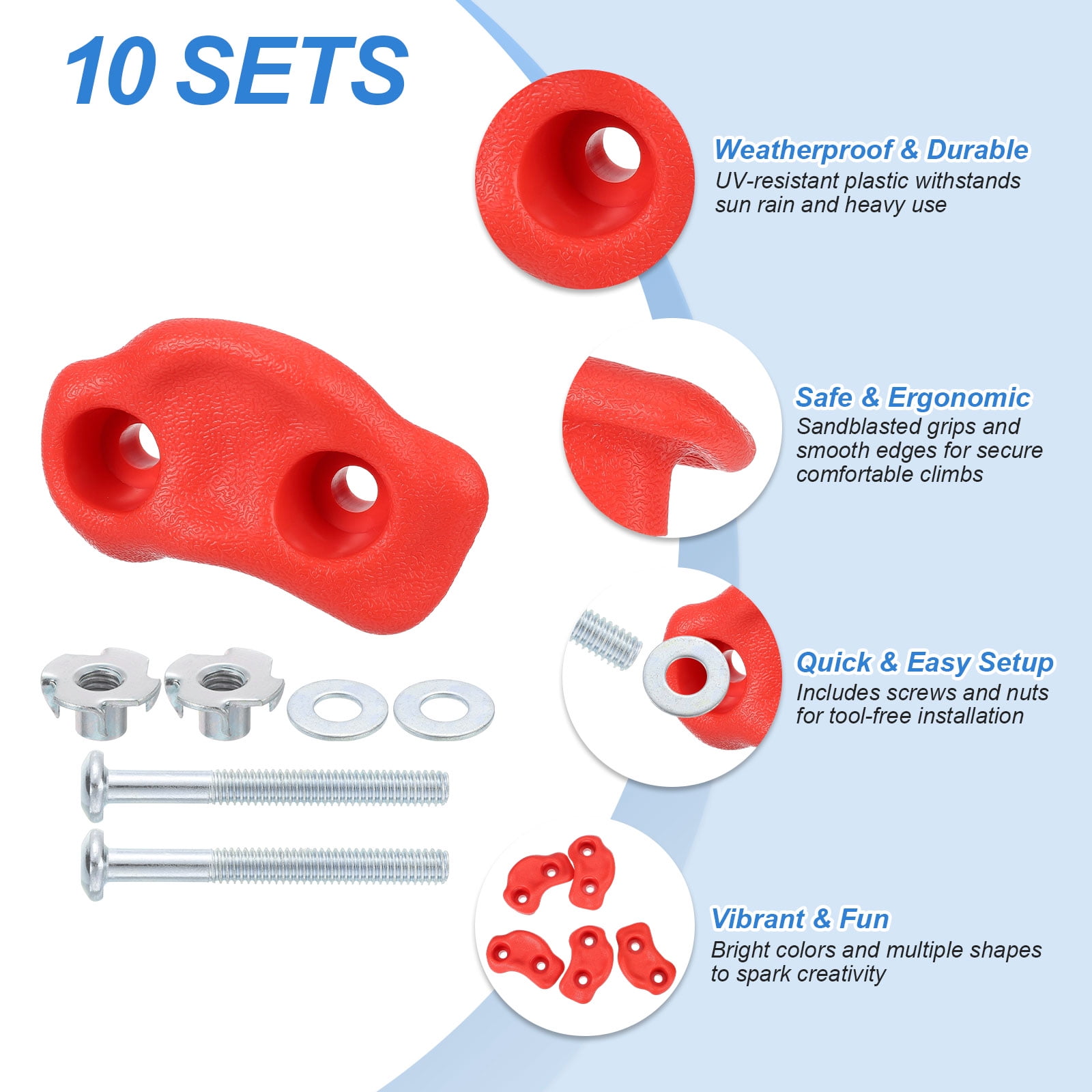 Rock Climbing Holds, 10 Pcs Small Climbing Rock Wall Grips with Double Hole for Playground Accessory, Red