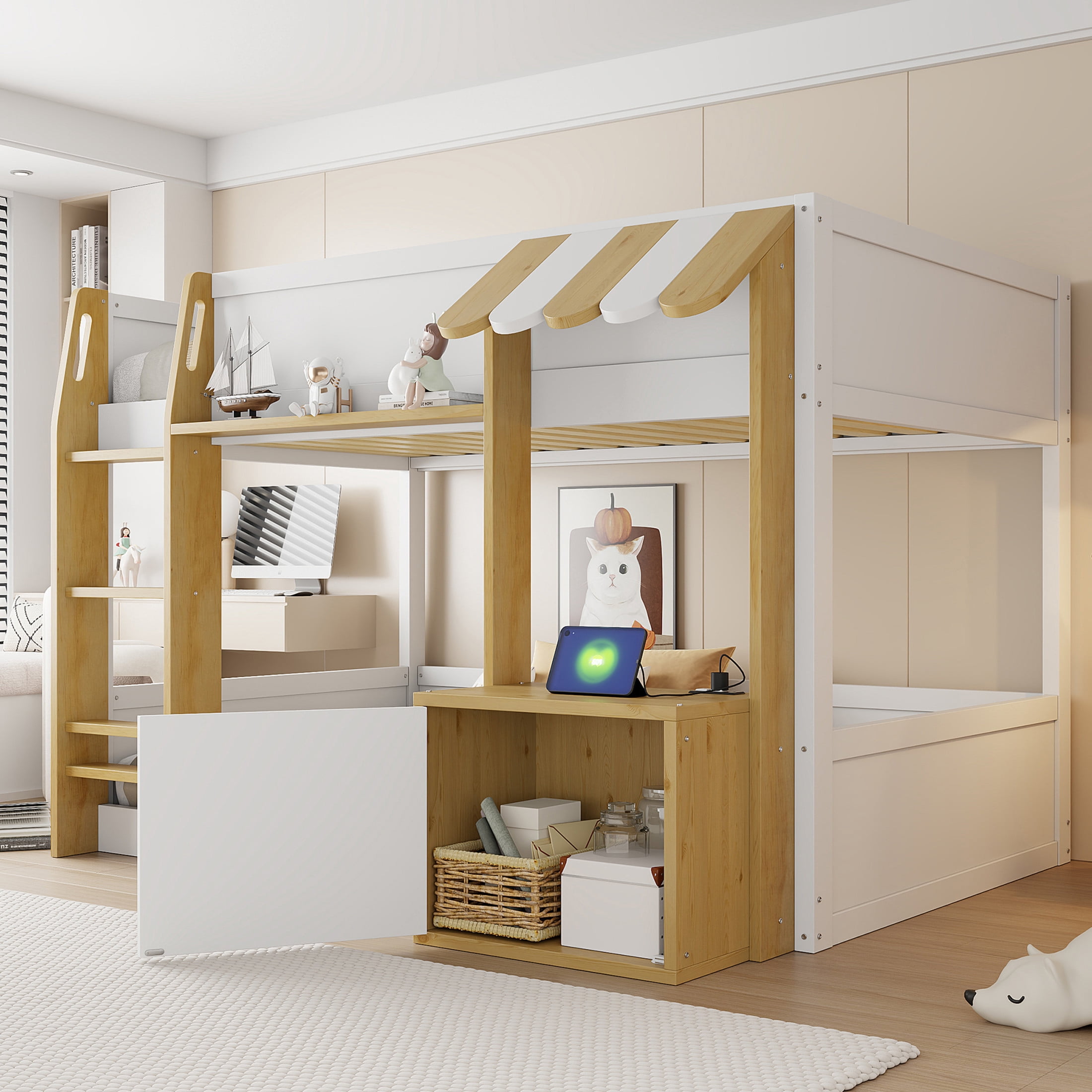 Noble House Heliox Twin over Twin Wood Bunk Bed with Integrated Desk, Storage Cabinet and USB Charging Ports, White