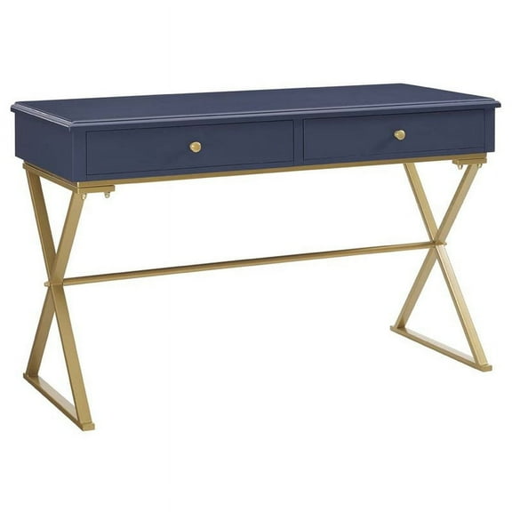 Linon 47" Campaign Style Metal Writing Desk with 2 Drawers, Blue/Gold