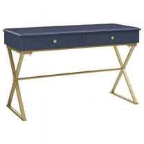 Linon 47" Campaign Style Metal Writing Desk with 2 Drawers, Blue/Gold