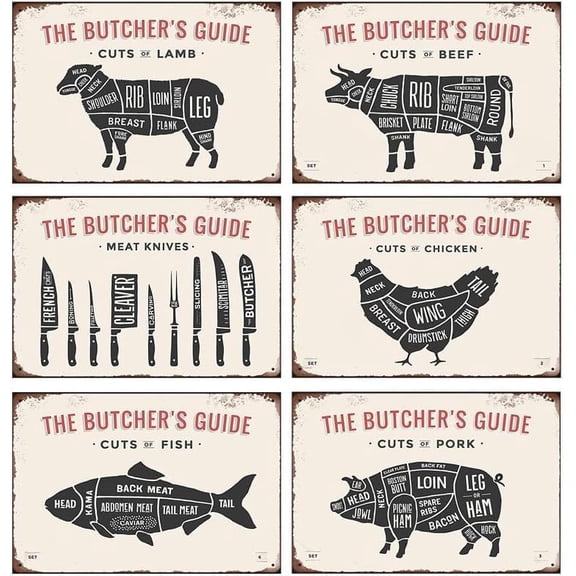 Retro Metal tin Sign CUTS OF LAMB BEEF CHICKEN FISH PORK MEAT KNIVES Tin Signs THE BUTCHER'S GUIDE Metal Sign Vintage Wall Decor for Cafe Bar Pub Home Garage Coffee Decor 8 x 12 inch