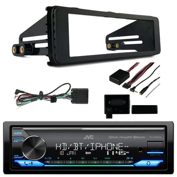 JVC KD-X480BHS Single DIN Bluetooth USB AUX LED AM/FM Radio Stereo SiriusXM Ready Amazon Alexa LED Car Audio Receiver,98-2013 Harley Install Adapter/Install Dash Kit, Handlebar Control Interface