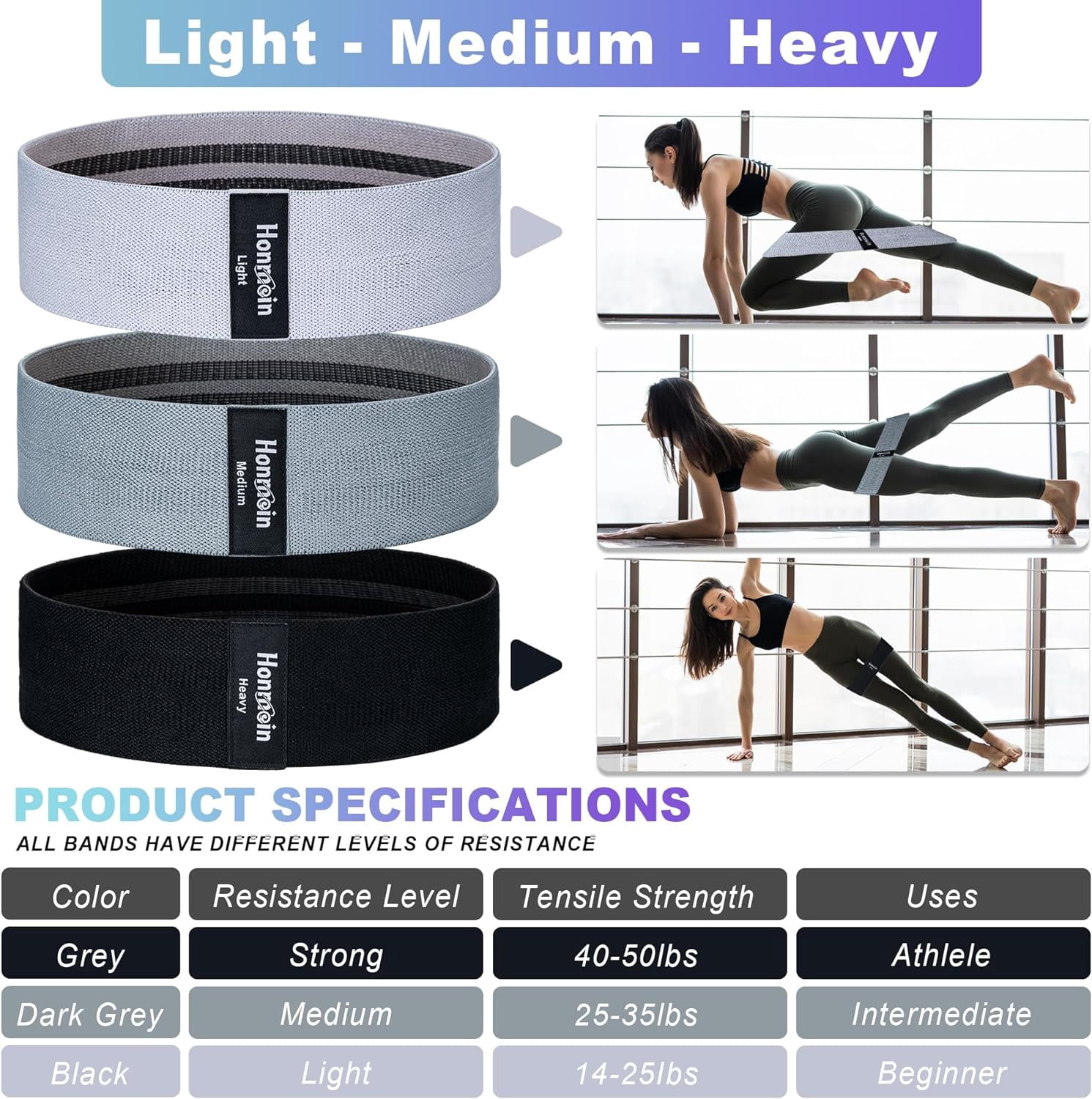 JJEAN-Resistance Bands for Working Out, 3 Levels Exercise Bands Workout Bands Set for Women Men, Hip Legs Booty Bands for Home Fitness, Gym, Yoga, Pilates