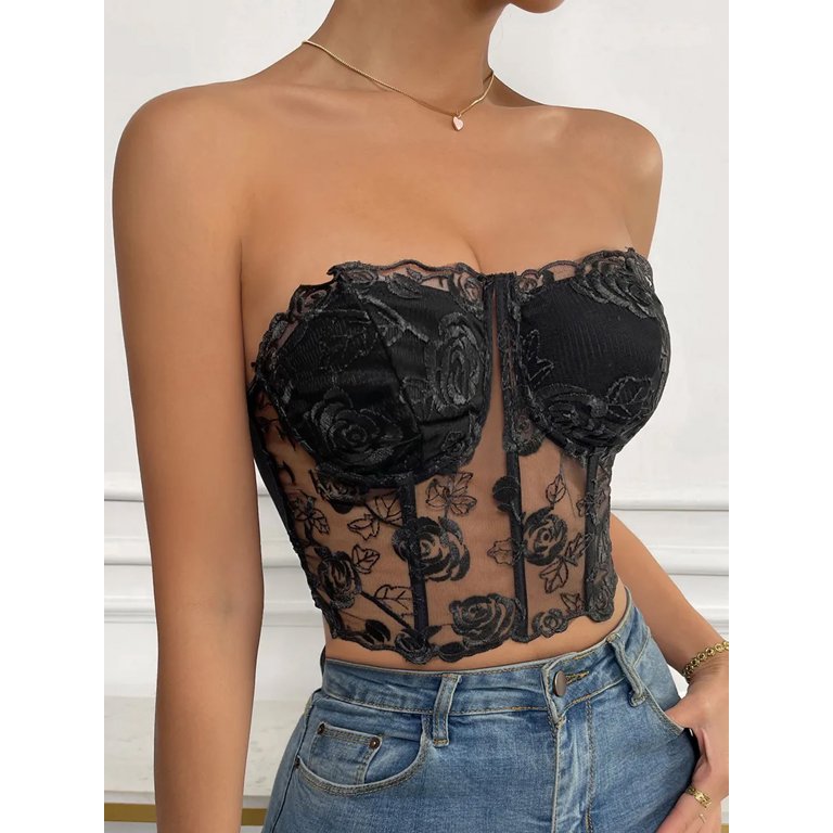 Women's Lace Corset Top Strapless Backless Floral Lace Mesh Bustier Vintage  Flower Embroidery Tops Party Club Streetwear