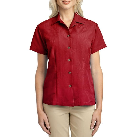 JustBlanks Womens Patterned Easy Care Camp Shirt Polyester Rayon Blend Open Collar Short Sleeves