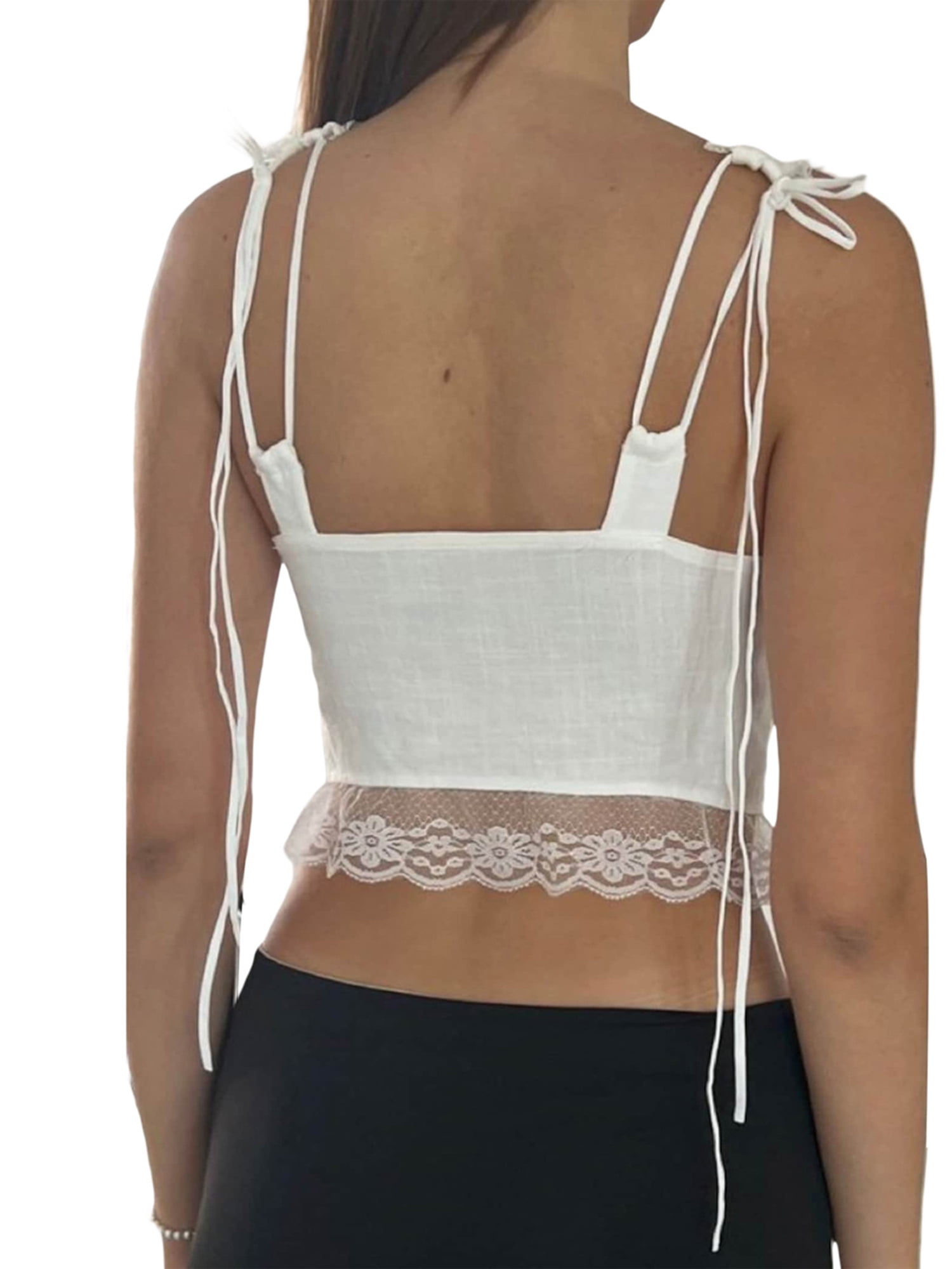 TFFR Women White Lace Crop Top V Neck Tank Top Bow Slim Fit Vest Sleeveless  Tops