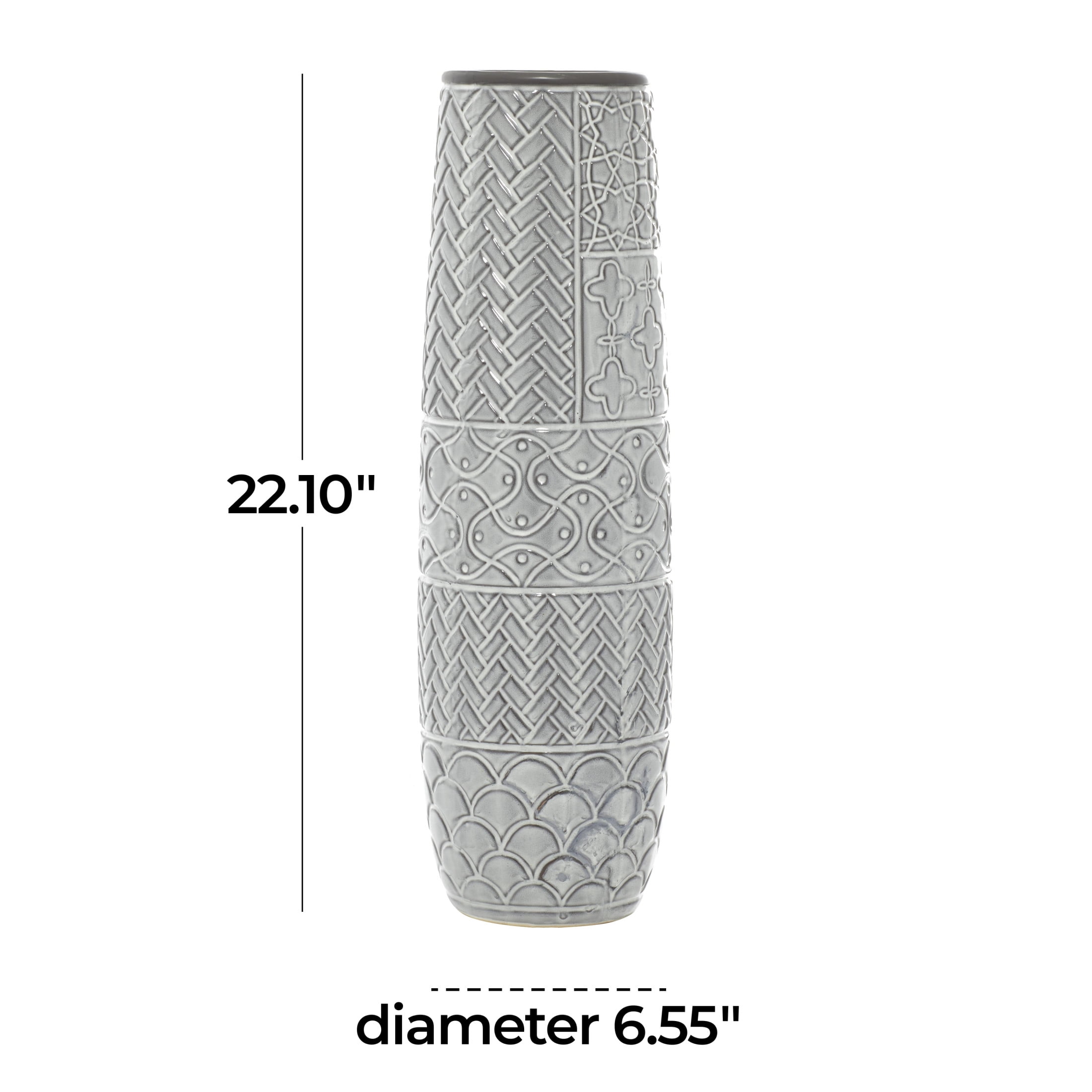 DecMode Gray Eclectic Ceramic Decorative Vase with Chevron, Scribbles, Curved Scales and Scrolling Vines Pattern, 7"W x 22"H