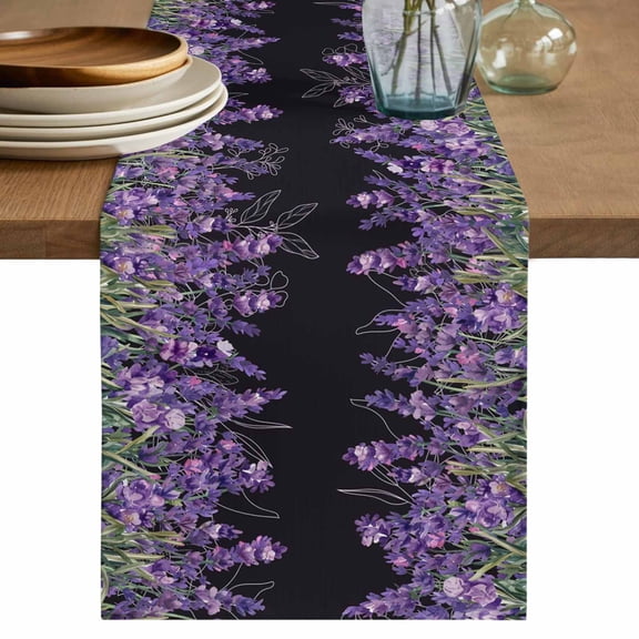 Table Runner 70 Inches Long for Kitchen Dining, Purple Lavender Dresser Scarf Farmhouse, Dining Table Decorations for Wedding/Parties, Spring Watercolor Wildflowers Plant Black 13 x 70 In