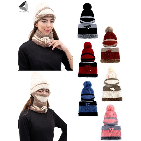 PULLIMORE Womens Winter Beanie Hats Knitted Scarf Set Pompom Fleece Lined Cap with Face Mask (White)