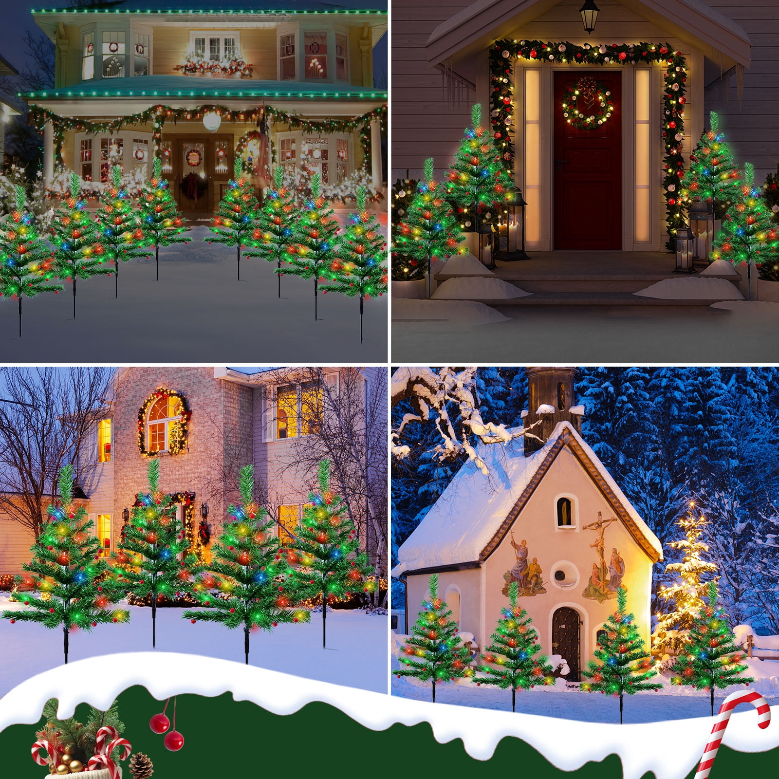 Qoosea Solar Christmas Tree Garden Stake Lights, 4 pack Waterproof Christmas Decorations Tree Lights Outdoor Xmas Tree Light Christmas Décor Pathway Lights Patio Yard