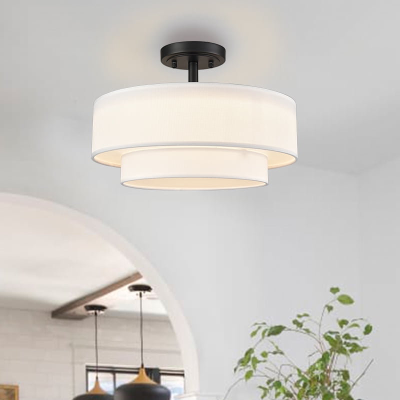 Claxy Black Semi Flush Mount LED Ceiling Light with Dual Drum Fabric Shade