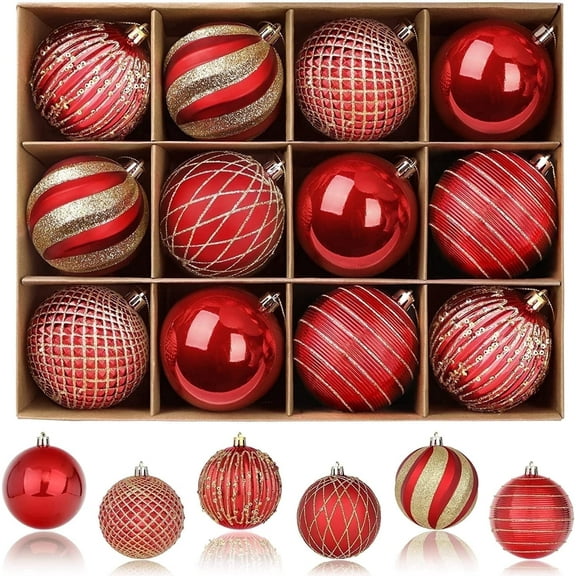 12ct Christmas Ball Ornaments, 3.15 Inch Shatterproof Xmas Tree Decorations, Plastic Baubles for Holiday, Party, Wedding, or Home Decor, Red & Gold