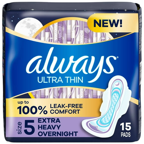 Always Ultra Thin Overnight Pads, Size 5, Extra Heavy Overnight, Unscented, 15CT