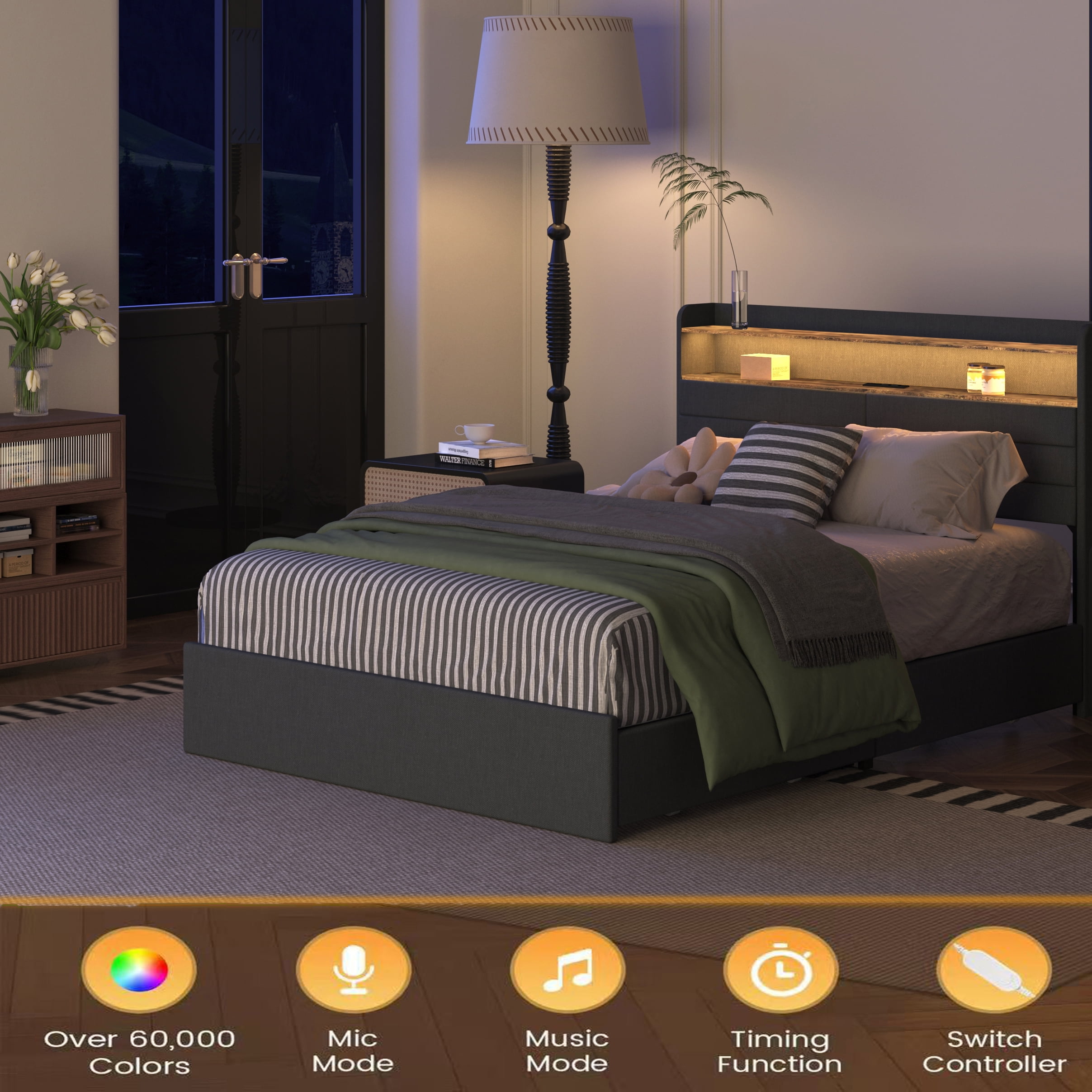 Miniyam Queen Size Bed with LED Headboard, Storage Drawers, USB Charging Ports for Adults