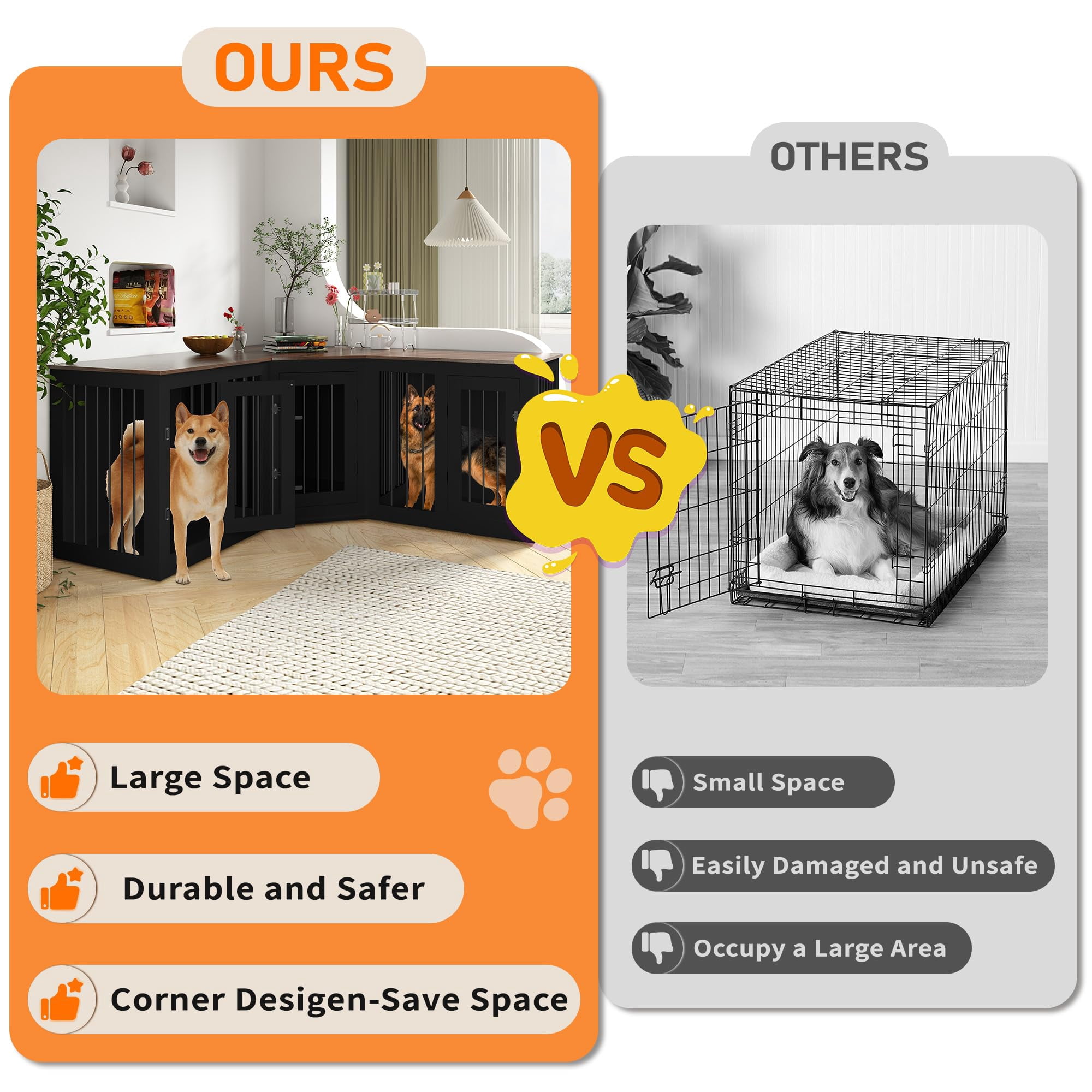 Large Dog Crate Furniture for 3 Dogs, Corner Dog Crate with Divider, 3 in 1 Heavy Duty Indoor Wooden Dog Kennel Furniture