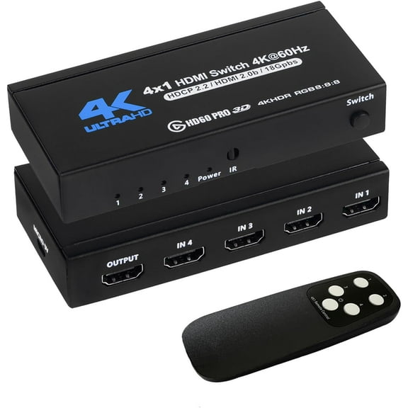 4K HDMI Switch 4x1, 4K@60Hz 4 in 1 Out HDMI Switcher Selector with IR Remote Control, Supports HDCP 2.2 UltraHD HDR10 3D HD1080P Dolby DST, HDMI Splitter for PS4 Xbox Apple TV Fire Stick