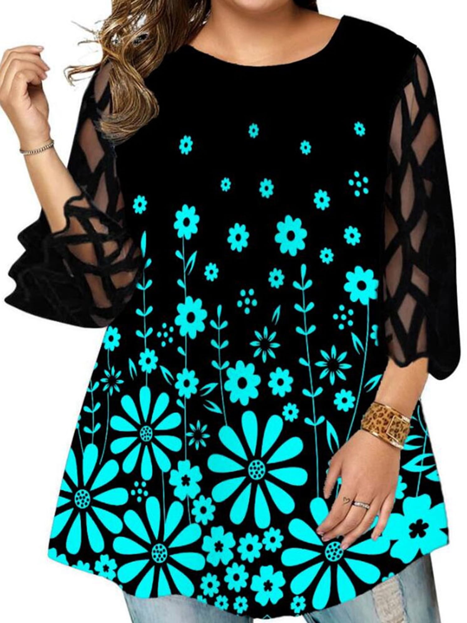 LilyLLL Womens Plus Size Mesh Sheer 3/4 Sleeve Printed Tunic Blouse