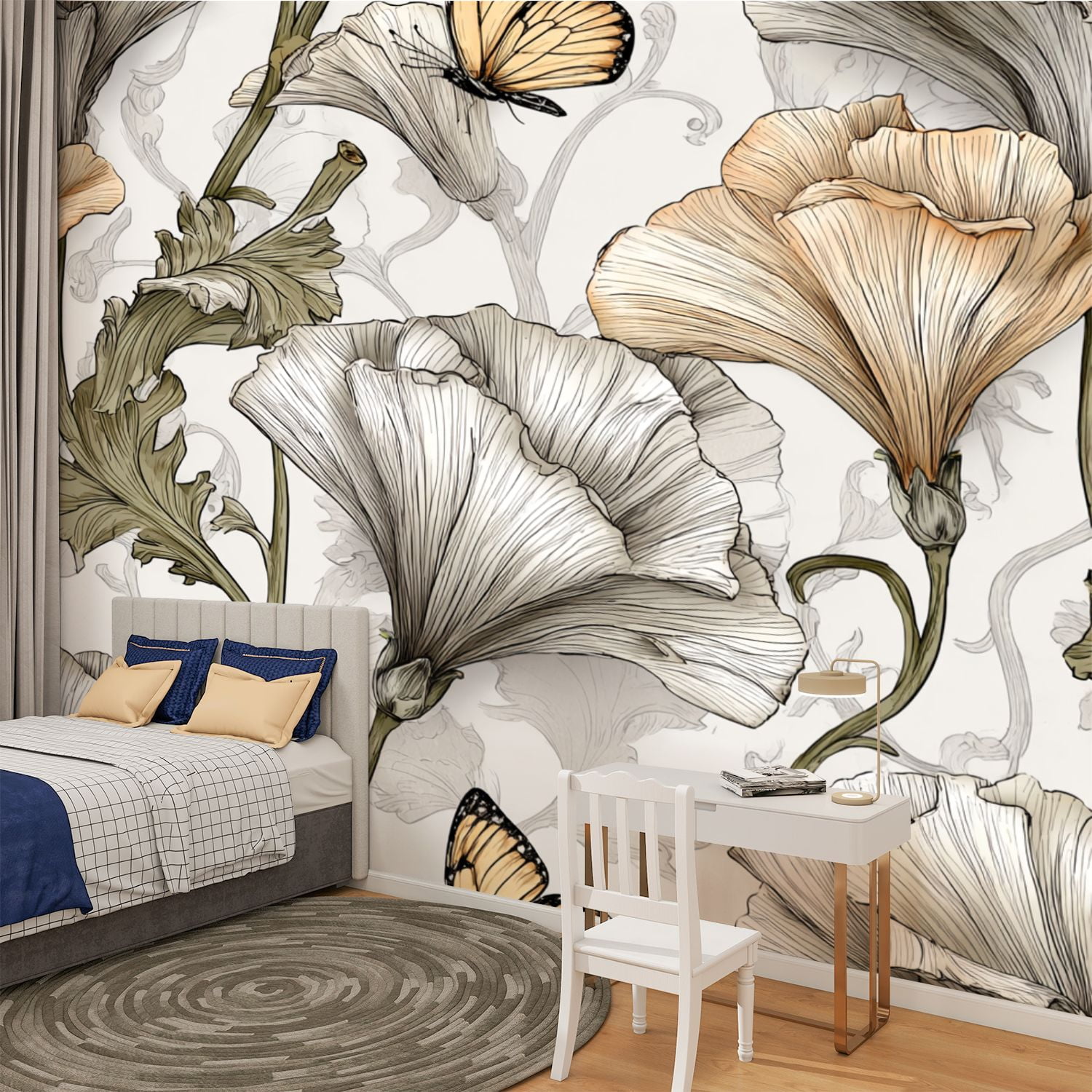 Peel and Stick Wallpaper Dusky Neutrals Stylized Flowers Butterfly Motif Floral Petals Curved Modern Art Wall Mural Decor Self Adhesive and Removable 100in x 144in