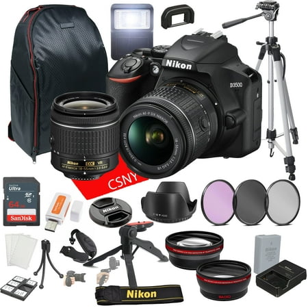 Nikon D3500 DSLR Camera Kit with 18-55mm VR Lens+ 64GB Memory + Back Pack Case + Tripod , Lenses, Filters, & More (28pc Bundle)