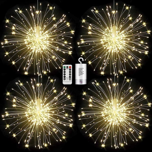 4 Pack Firework Lights Led Copper Wire Starburst String Lights 8 Modes Battery Operated Fairy Lights with Remote,Wedding Decorative Hanging Lights for Party Patio Garden Decoration (White)