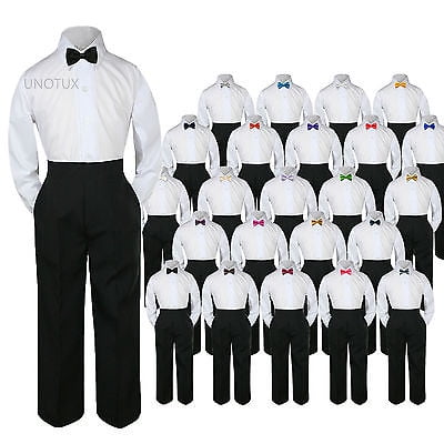 New Baby Toddler Boys Wedding Formal 3pc Set Shirt Black Pants Bow Tie Suit S-7