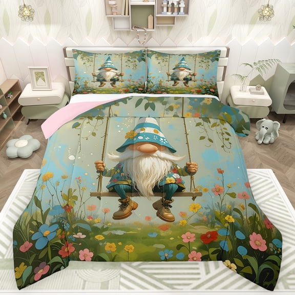 Feelyou Fairy Tale Gnome Bedding Comforter Set, Spring Flower Floral Twin Comforter Sets, Seasonal Spring Holiday Reversible Bedding Set, Lightweight Room Decor, 2-Piece