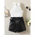 thumbnail image 3 of hirigin Toddler Girl Summer Clothes Set, Solid Rib Sleeveless Stand Neck Vest + Leather Shorts with Belt, 3 of 9