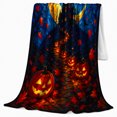thumbnail image 2 of Haunted Castle Halloween Night Glowing Pumpkins Dark Blue, Festive Halloween Scene, Warm Flannel Blanket for Living Room and Reading Nook, Art Lovers Halloween Gift, Festive Home Decor, 2 of 9