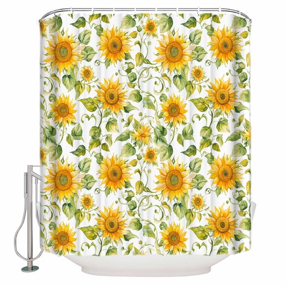 Shower Curtain Bathroom Set Summer Sunflower Green Leaves Seamless Waterproof Fabric Shower Curtains with Grommets&Hooks Farm Floral Watercolor Privacy Bath Curtain for Bathtub 36x72in